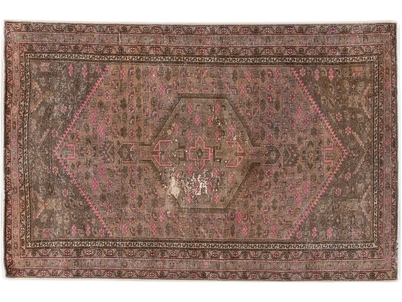 Vintage Persian Distressed Brown and Pink Handmade Wool Rug