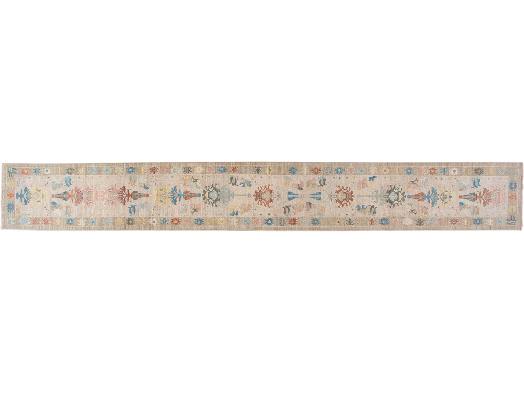 Modern Sultanabad Handmade Beige Geometric Floral Long Wool Runner