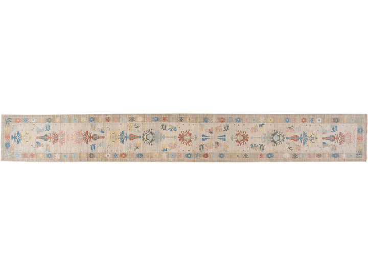 Modern Sultanabad Handmade Beige Geometric Floral Long Wool Runner