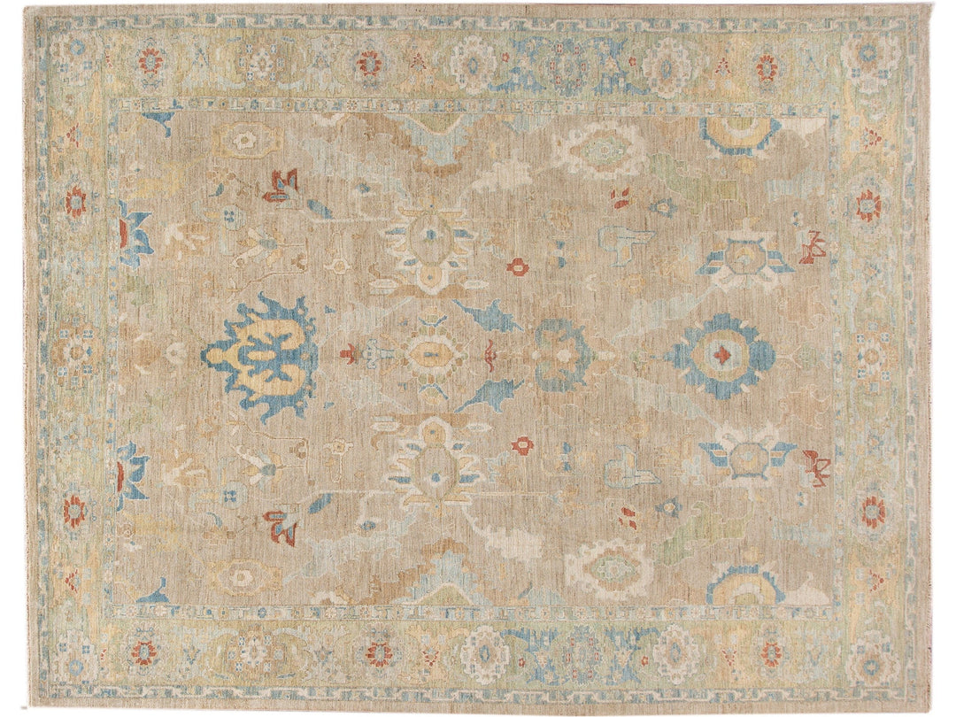 Modern Sultanabad Handmade Beige and Green Floral Wool Rug