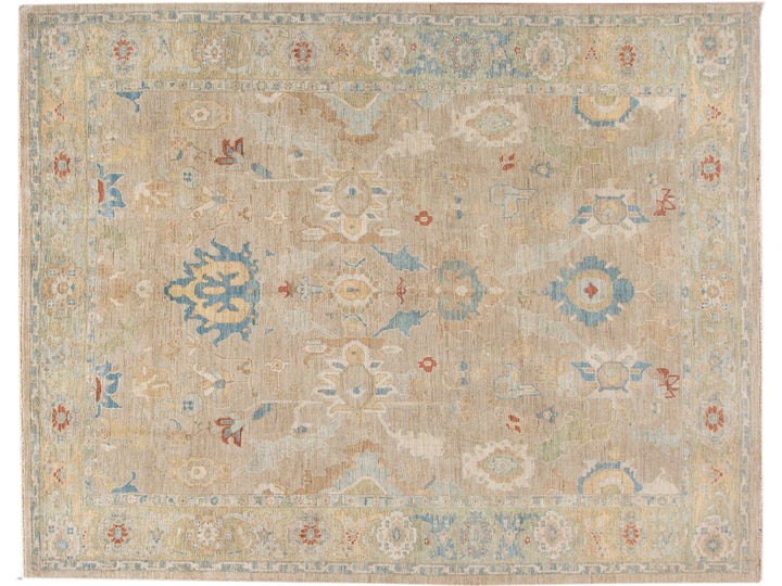 Modern Sultanabad Handmade Beige and Green Floral Wool Rug