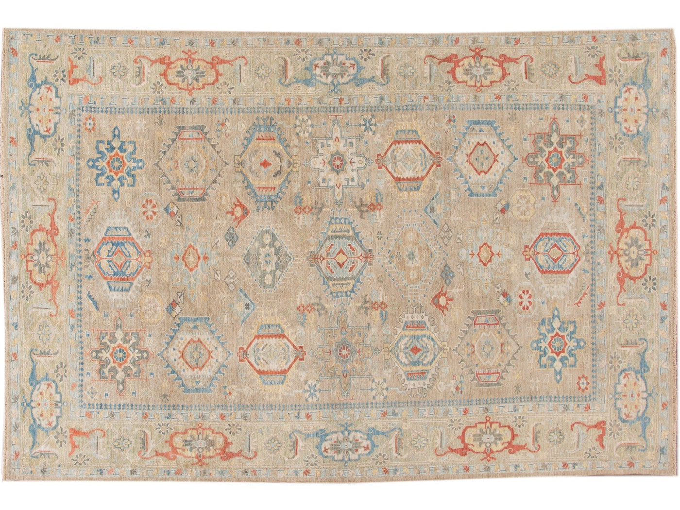 Modern Heriz Style  Handmade Beige Geometric Floral Wool Rug