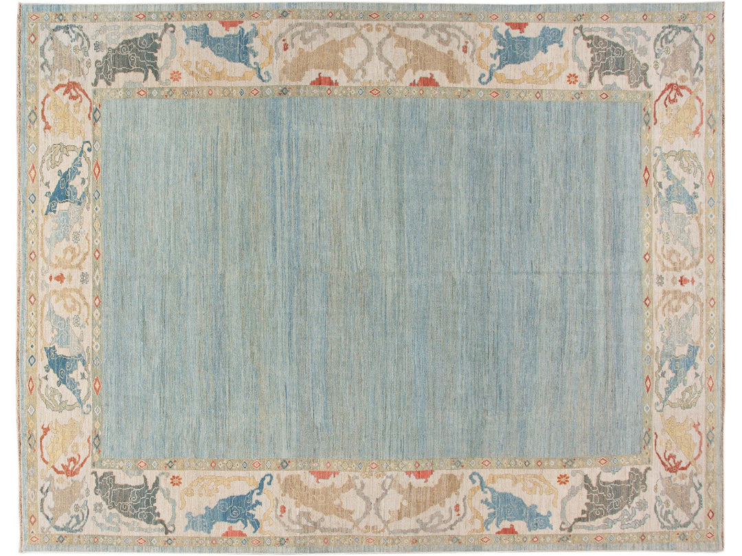 Contemporary Sultanabad Blue and Beige Handmade Designed Oversize Wool Rug