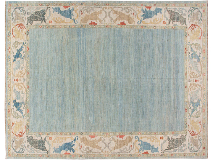 Contemporary Sultanabad Blue and Beige Handmade Designed Oversize Wool Rug