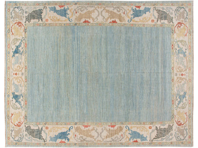 Contemporary Sultanabad Blue and Beige Handmade Designed Oversize Wool Rug