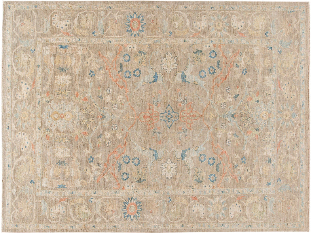 Contemporary Sultanabad Tan Handmade Geometric Floral Wool Rug