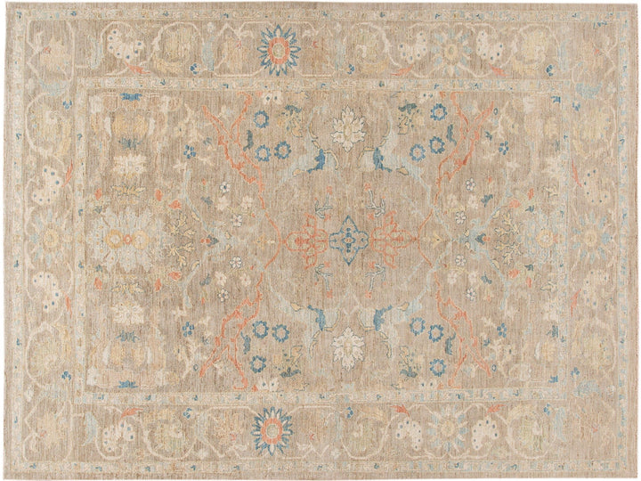 Contemporary Sultanabad Tan Handmade Geometric Floral Wool Rug