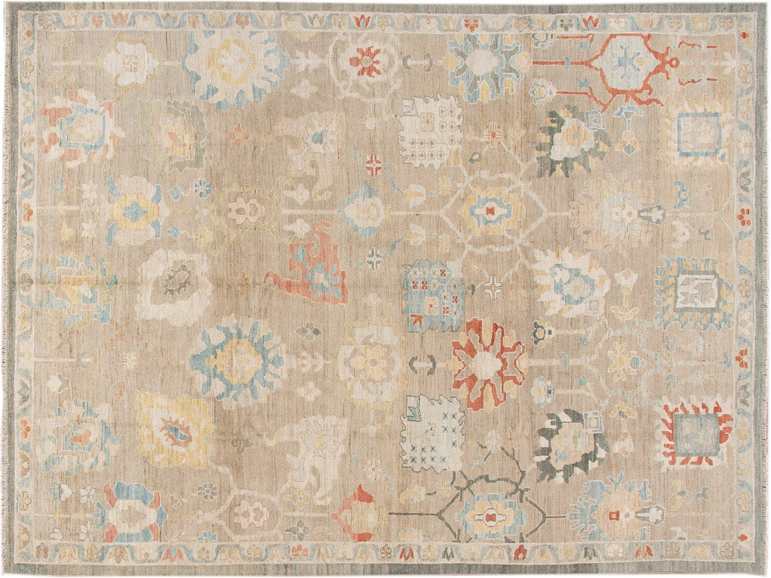 Modern Sultanabad Nude Handmade Geometric Floral Wool Rug