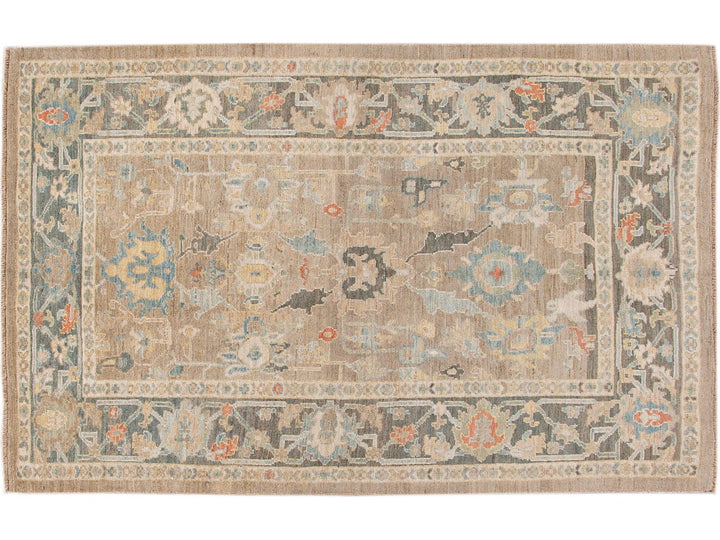 Modern Sultanabad Beige and Gray Handmade Floral Wool Rug