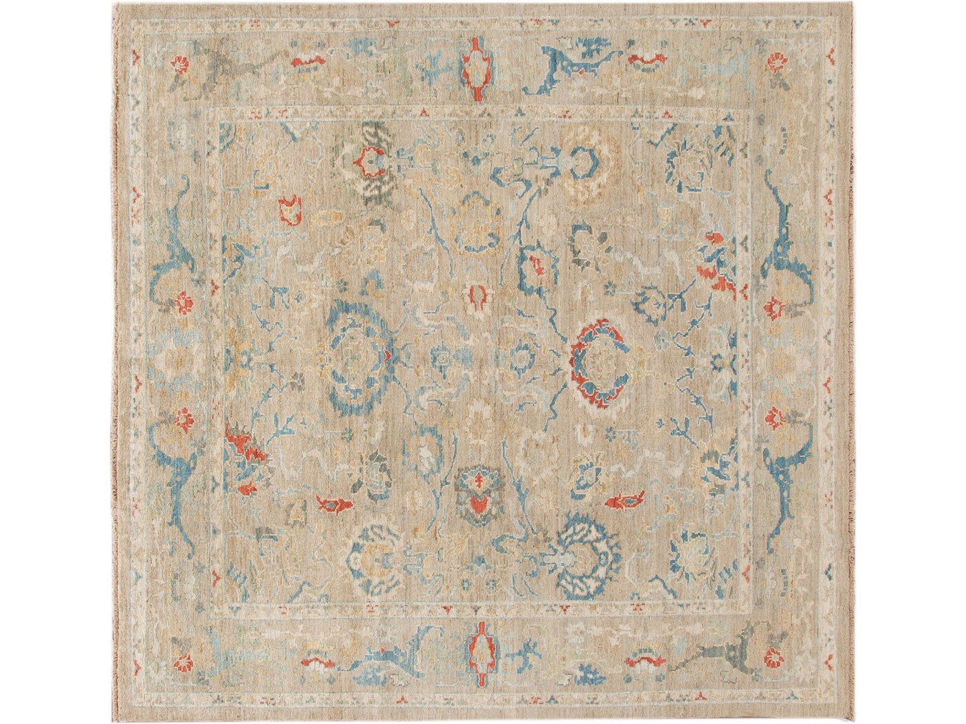 Modern Sultanabad Beige Handmade Square Floral Wool Rug