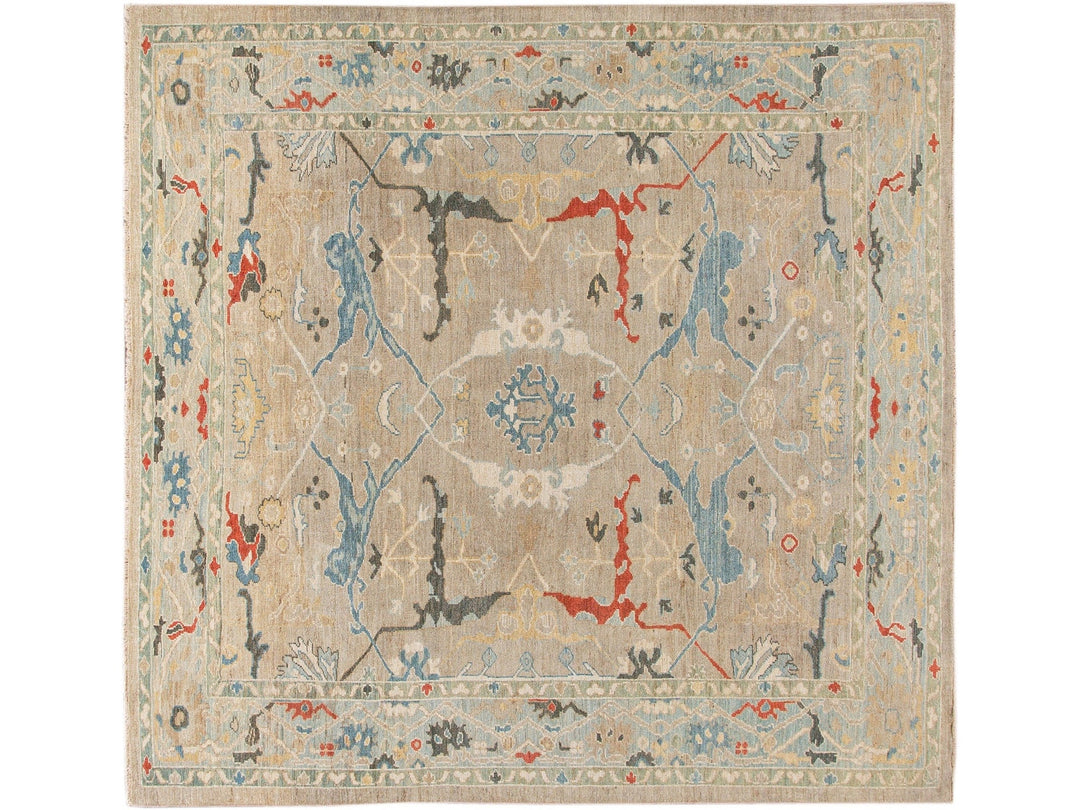 Modern Sultanabad Beige Handmade Square Medallion Designed Wool Rug