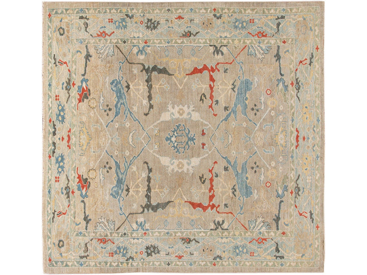 Modern Sultanabad Beige Handmade Square Medallion Designed Wool Rug