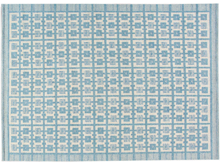 Modern Swedish Style Handmade Geometric Pattern Blue and Ivory Wool Rug