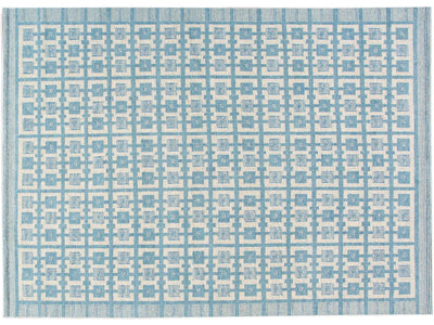 Modern Swedish Style Handmade Geometric Pattern Blue and Ivory Wool Rug