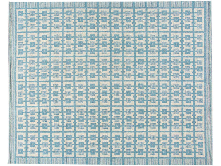 Modern Swedish Style Handmade Geometric Pattern Oversize Blue and Ivory Wool Rug
