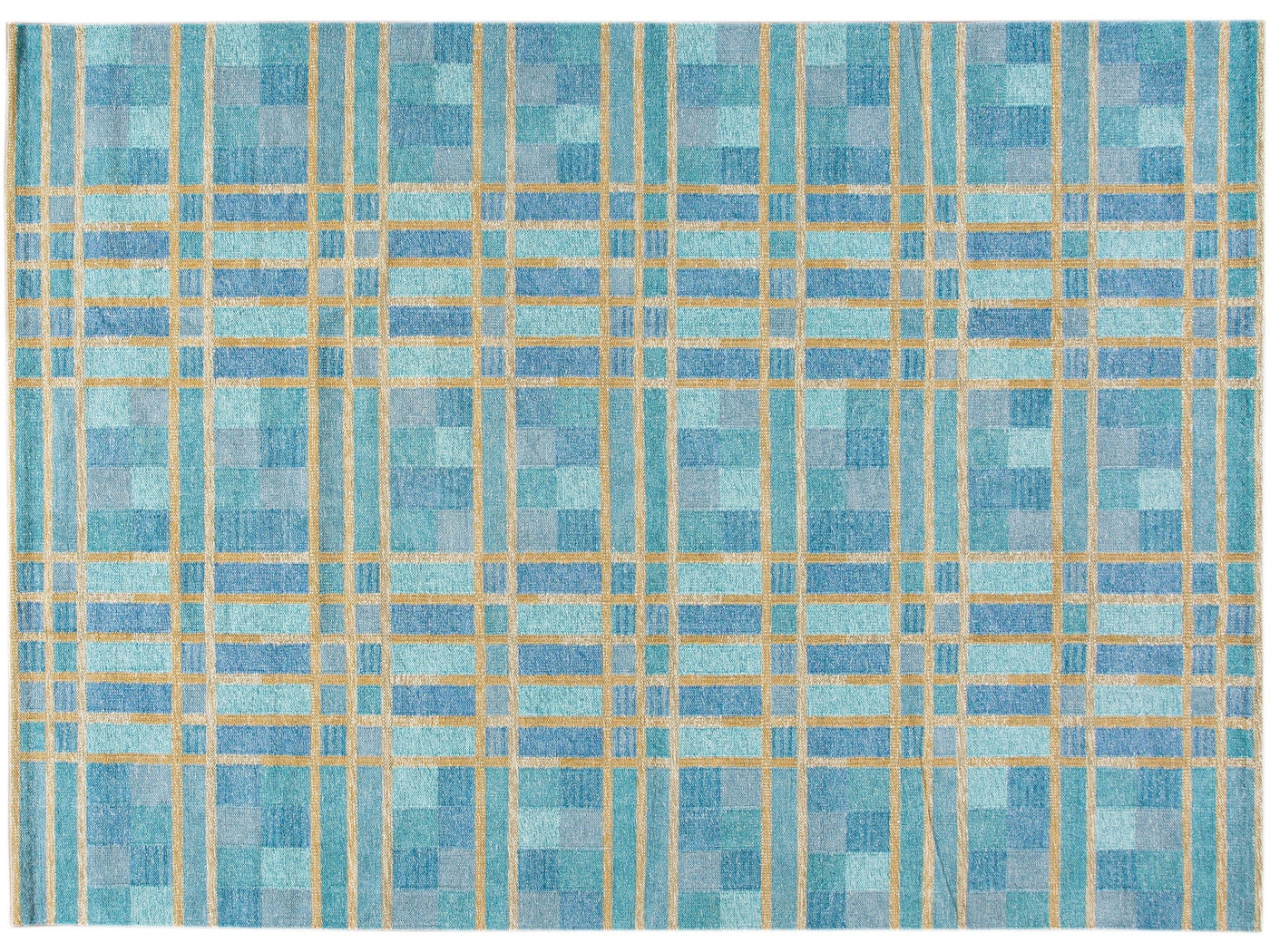 Modern Swedish Style Handmade Geometric Pattern Blue and Yellow Wool Rug