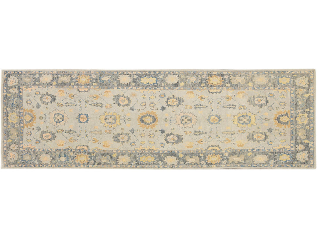 Long Modern Gray Turkish Oushak Handmade Floral Gallery Wool Runner