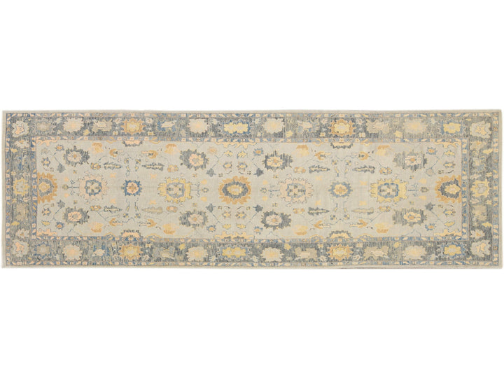 Long Modern Gray Turkish Oushak Handmade Floral Gallery Wool Runner