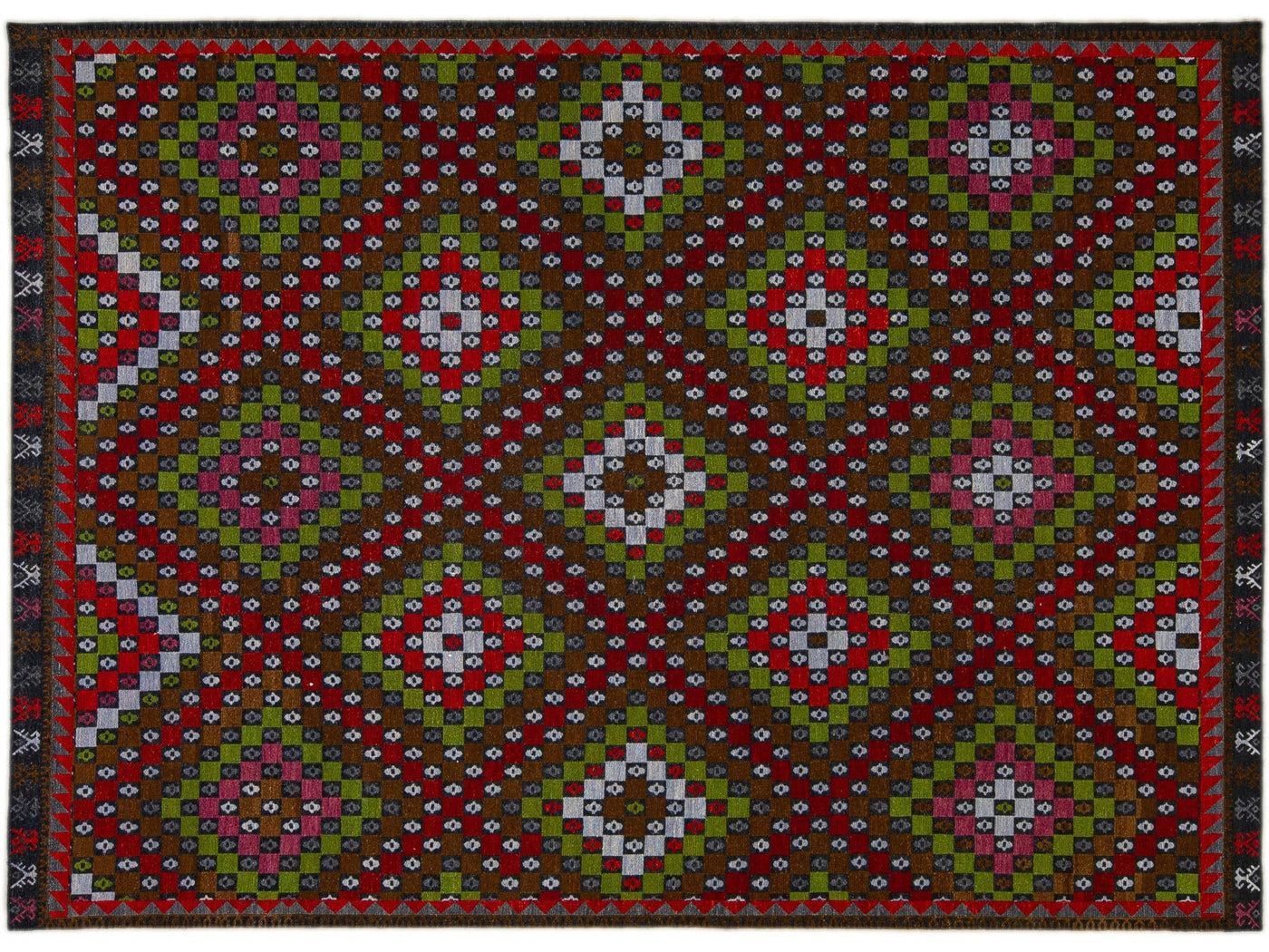 Modern Soumak Handmade Geometric Designed Brown Wool Rug