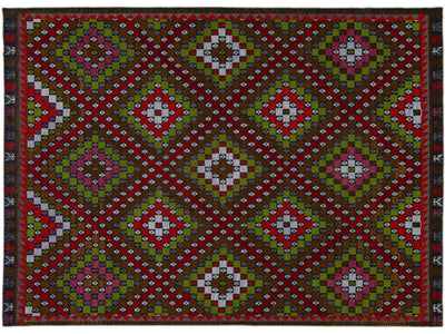 Modern Soumak Handmade Geometric Designed Brown Wool Rug