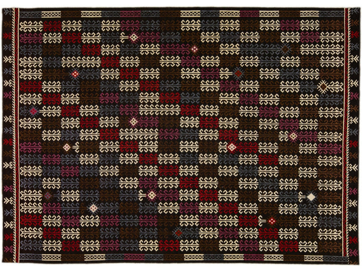 Modern Soumak Handmade Geometric Designed Brown Wool Rug