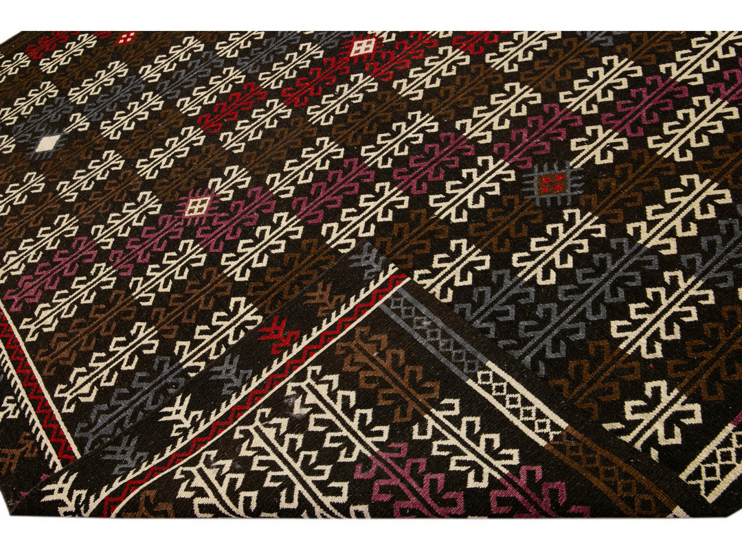 Modern Soumak Handmade Geometric Designed Brown Wool Rug