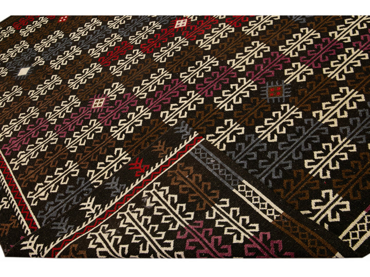 Modern Soumak Handmade Geometric Designed Brown Wool Rug