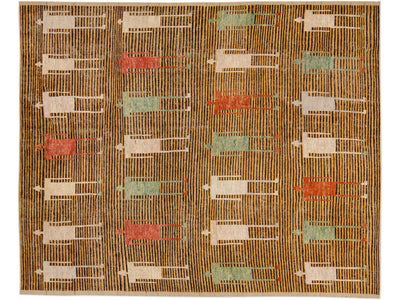 Brown Modern Moroccan Style Handmade People Pattern Motif Oversize Wool Rug