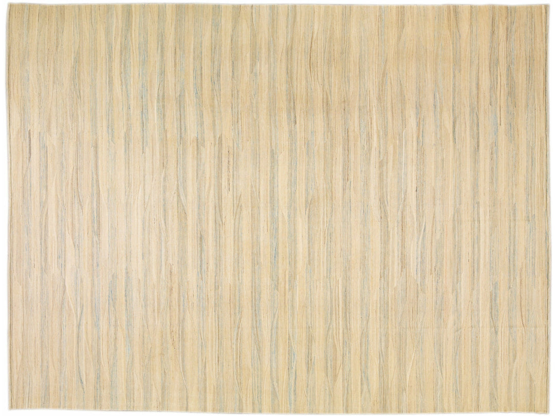 Beige Modern Kilim Handmade Abstract Striped Motif Flatweave Oversize Wool Rug