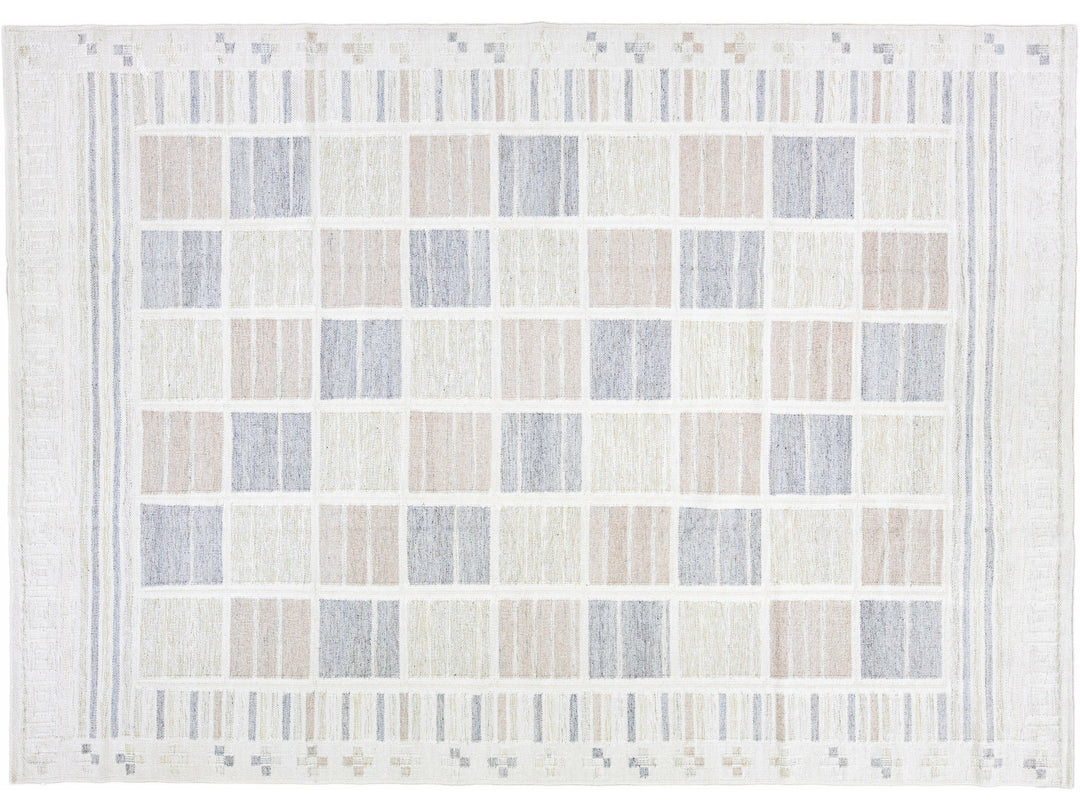 Modern Scandinavian Beige Handmade Room Size Wool Rug With Geometric Design