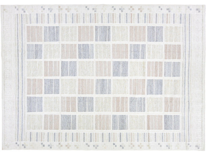 Modern Scandinavian Beige Handmade Room Size Wool Rug With Geometric Design