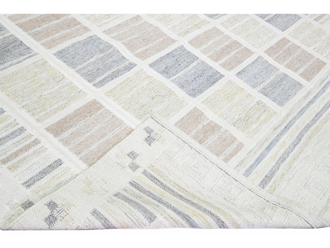 Modern Scandinavian Beige Handmade Room Size Wool Rug With Geometric Design