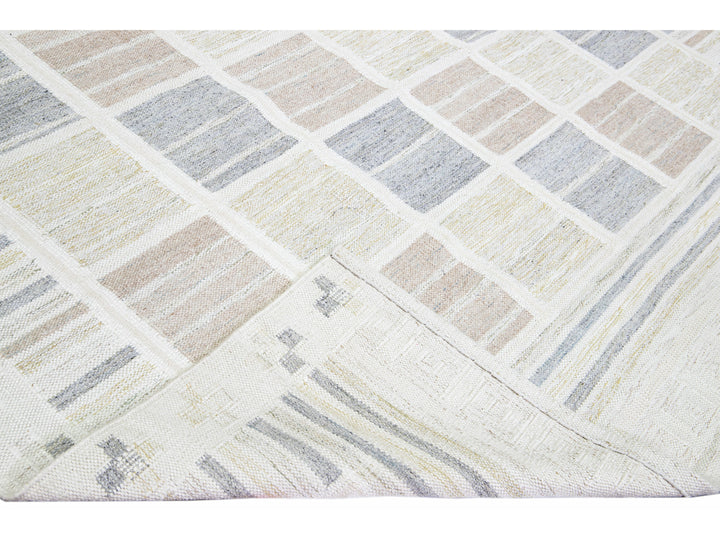 Modern Scandinavian Beige Handmade Room Size Wool Rug With Geometric Design