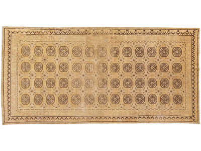 Antique Khotan Tan Handmade Geometric Pattern Wool Rug