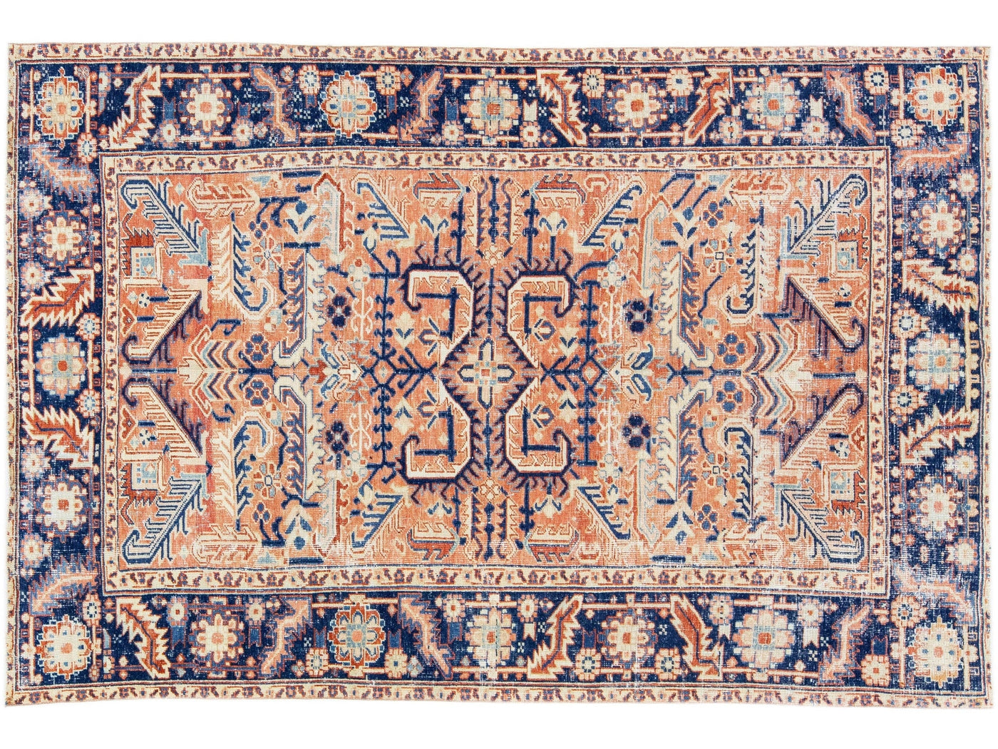 Antique Persian Heriz Peach Handmade Wool Rug with Medallion Design