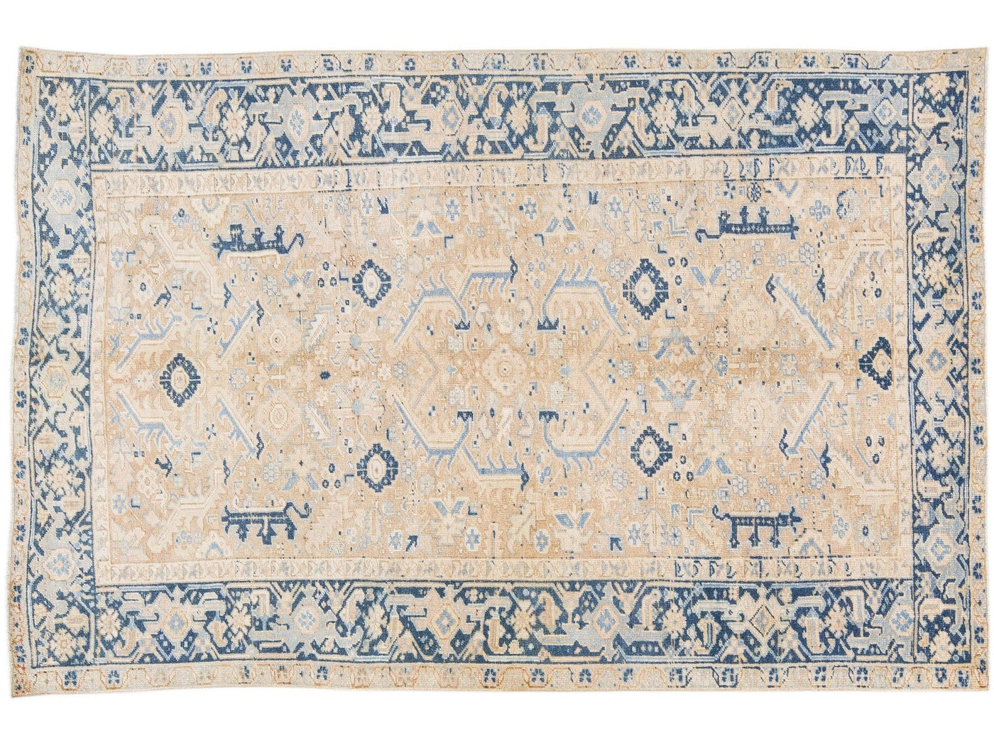 Antique Persian Heriz Beige Handmade Wool Rug with All Over Design
