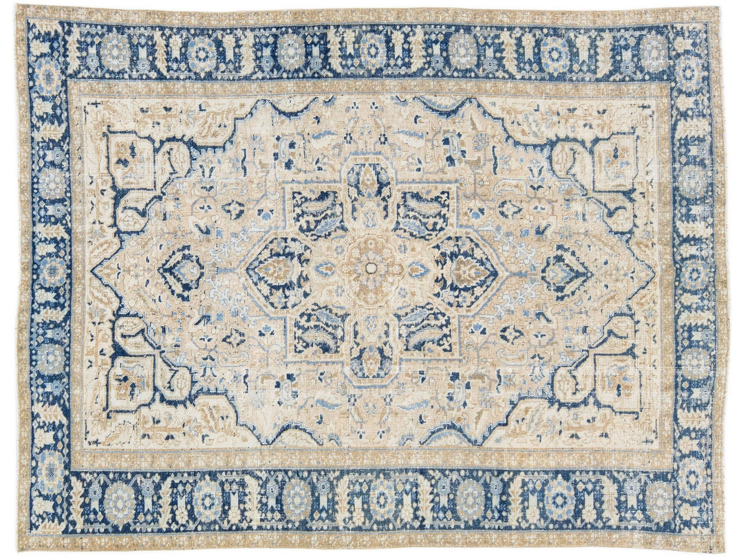 Antique Persian Heriz Beige Handmade Wool Rug with Medallion Design