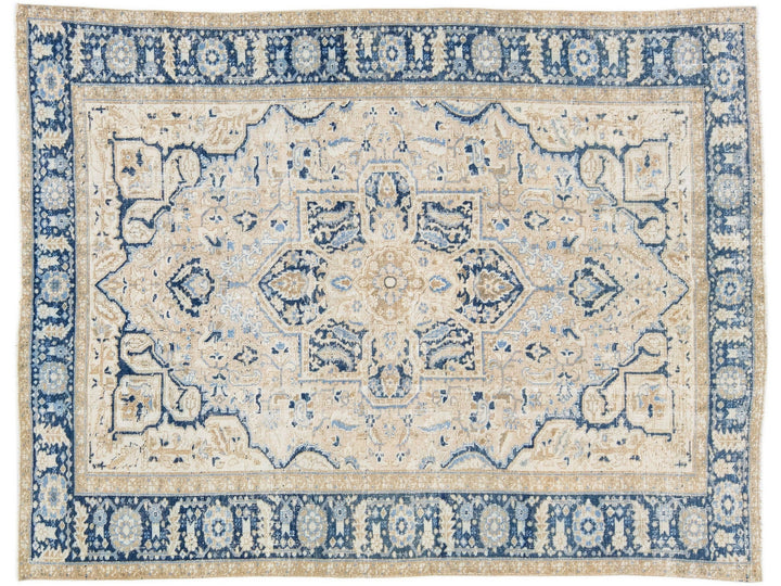 Antique Persian Heriz Beige Handmade Wool Rug with Medallion Design
