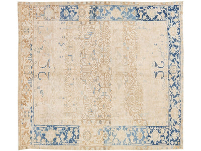 Antique Persian Heriz Handmade Allover Beige & Blue Square Wool Rug