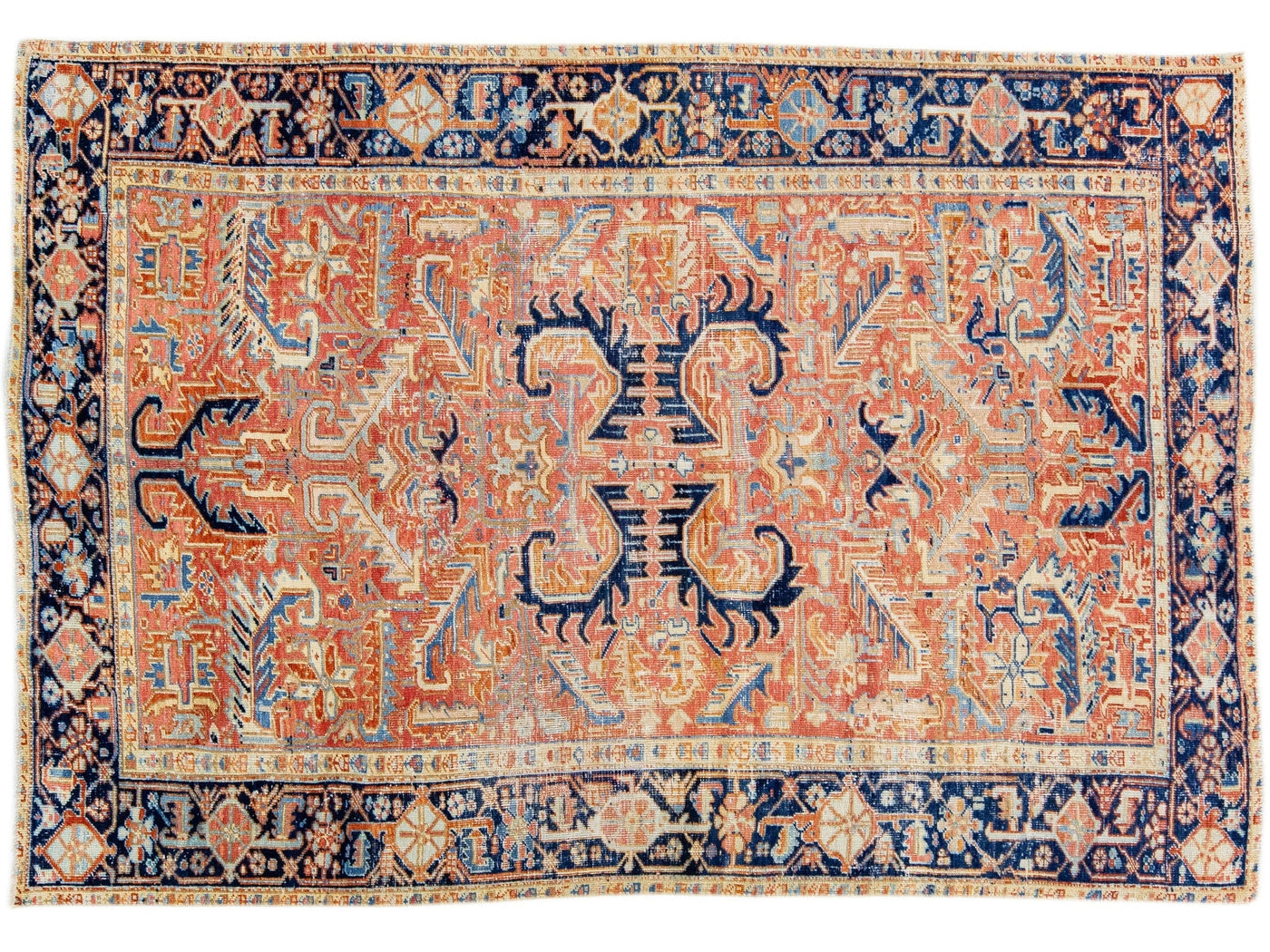 Rust Antique Persian Heriz Handmade Geometric Motif Wool Rug