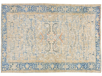 Antique Persian Heriz Beige Handmade Wool Rug with Allover Geometric Design