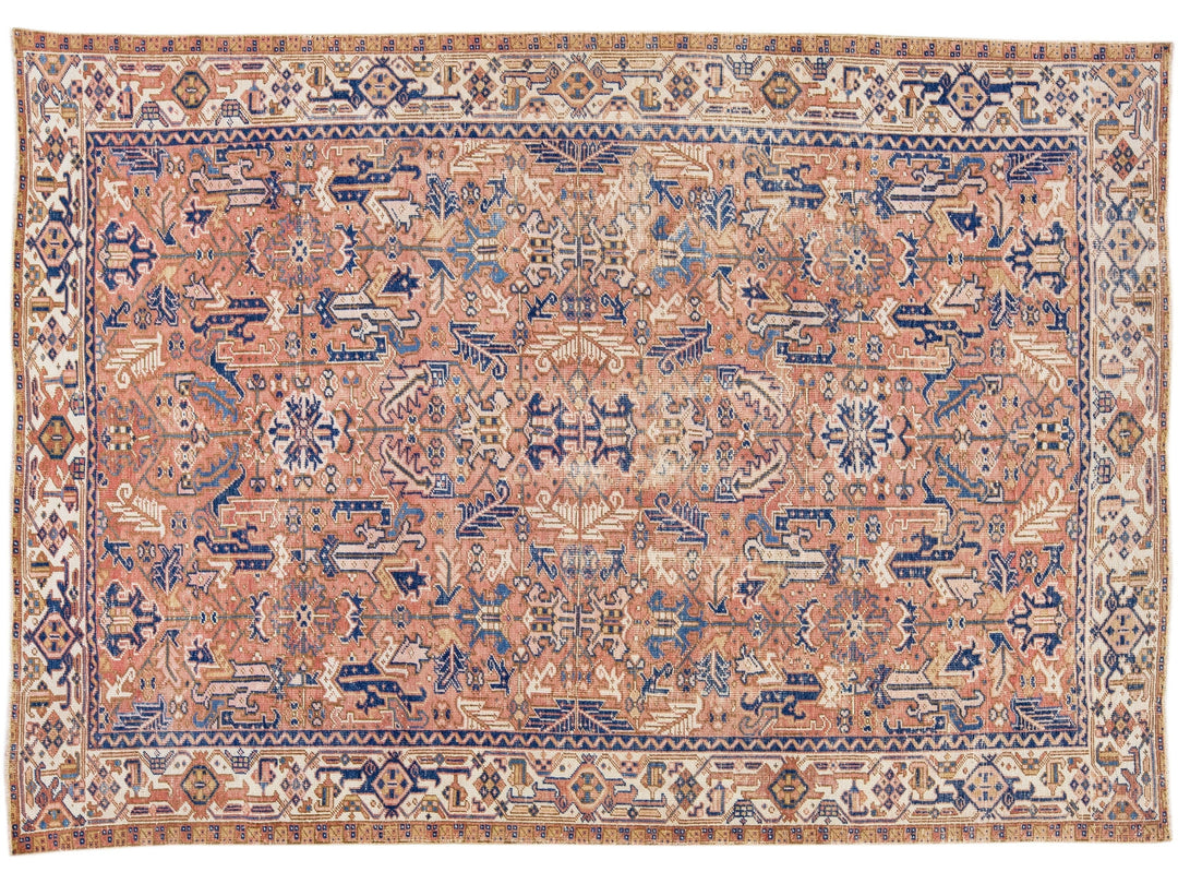 Peach Antique Persian Heriz Handmade Allover Pattern Wool Rug