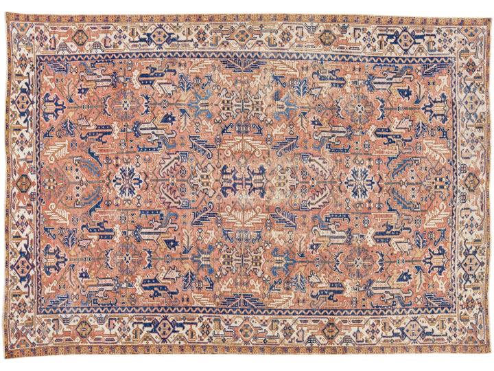 Peach Antique Persian Heriz Handmade Allover Pattern Wool Rug