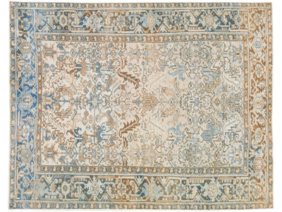 Antique Persian Heriz Beige Handmade Wool Rug with Allover Motif