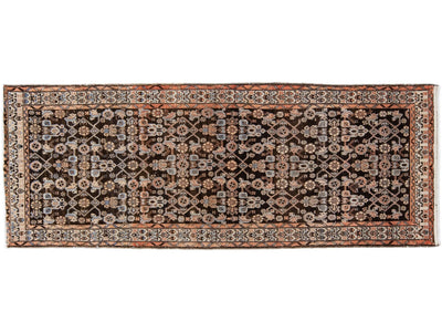 Vintage Persian Malayer Brown Handmade Wool Runner with Allover Design