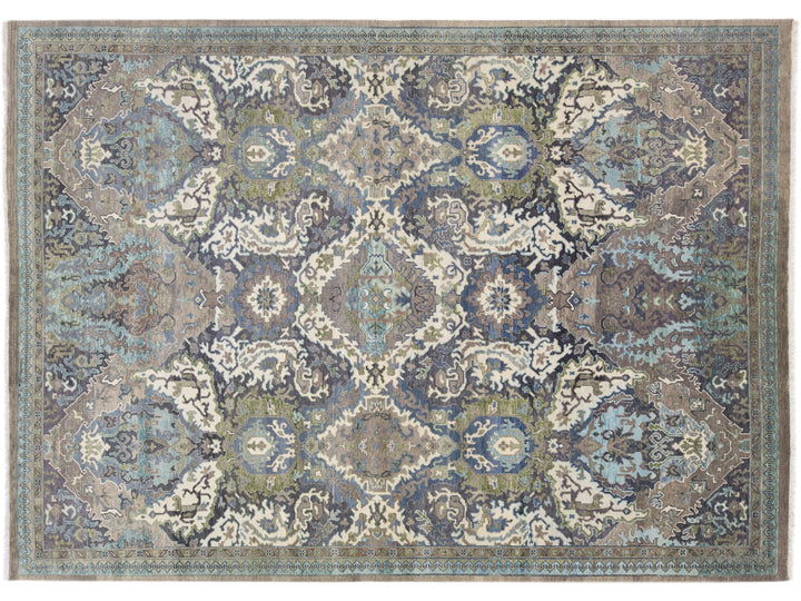 Modern Turkish Oushak Style Handmade Gray & Blue Wool Rug With Allover Pattern