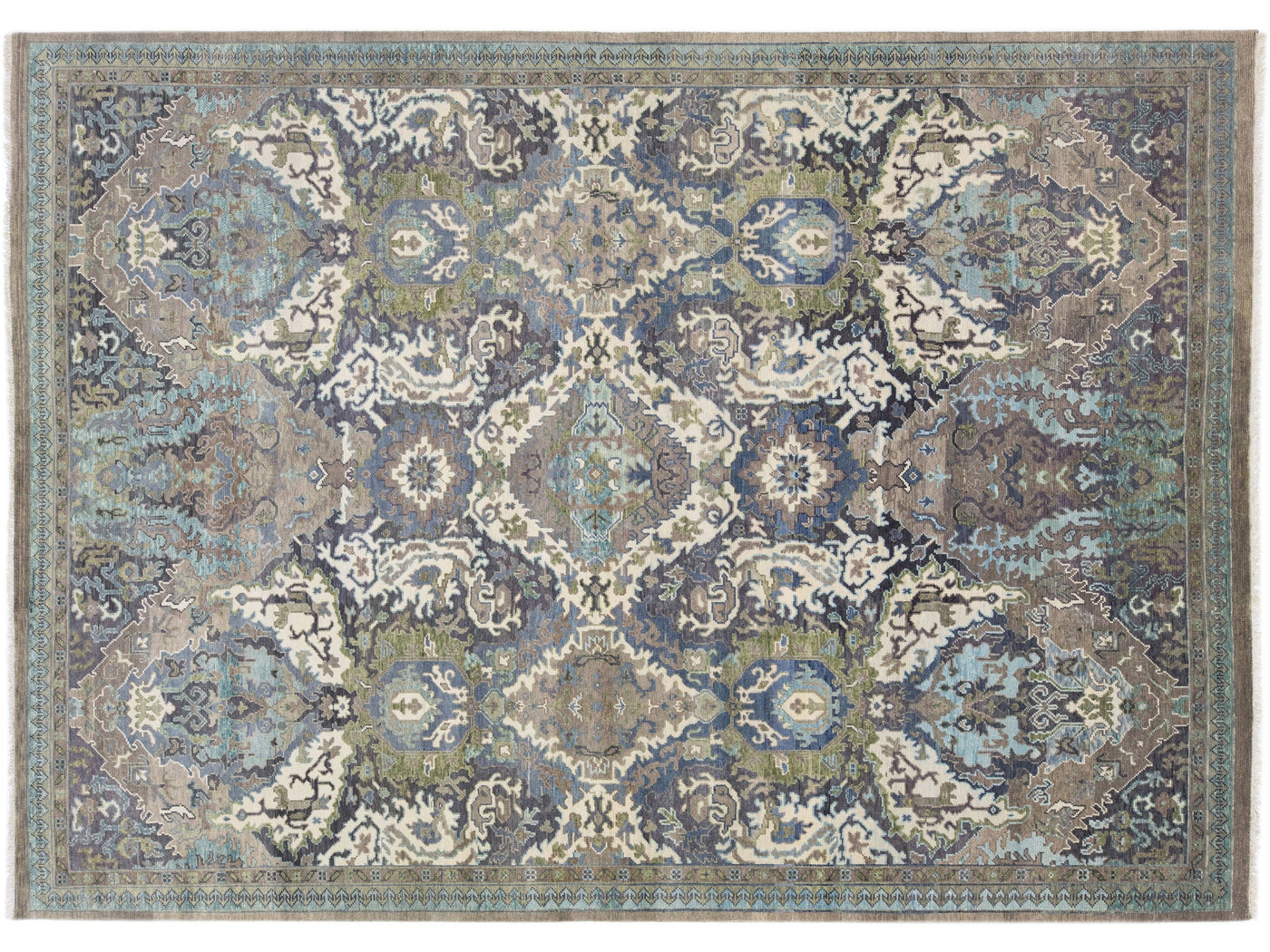 Modern Turkish Oushak Style Handmade Gray & Blue Wool Rug With Allover Pattern