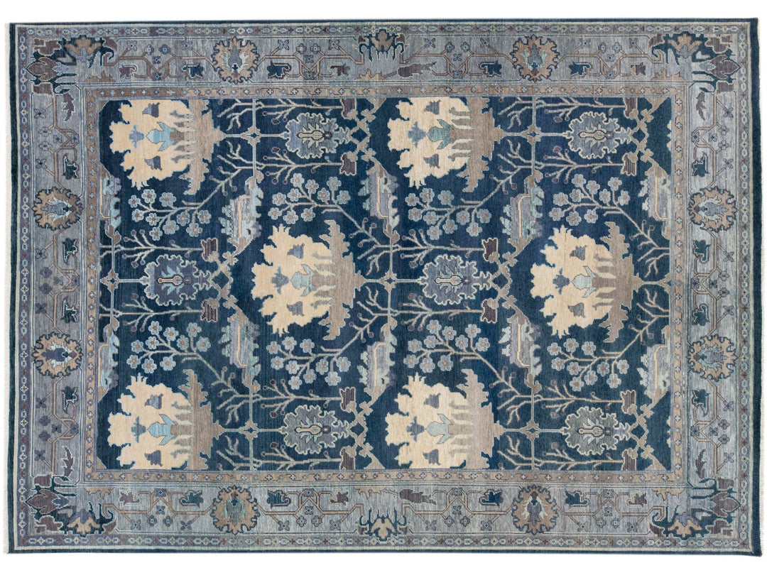 Handmade Floral Modern Turkish Oushak Style Blue Wool Rug