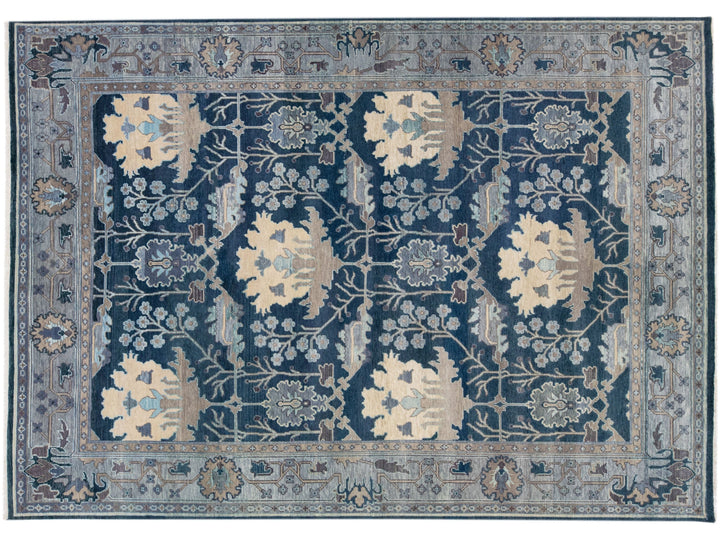 Handmade Floral Modern Turkish Oushak Style Blue Wool Rug