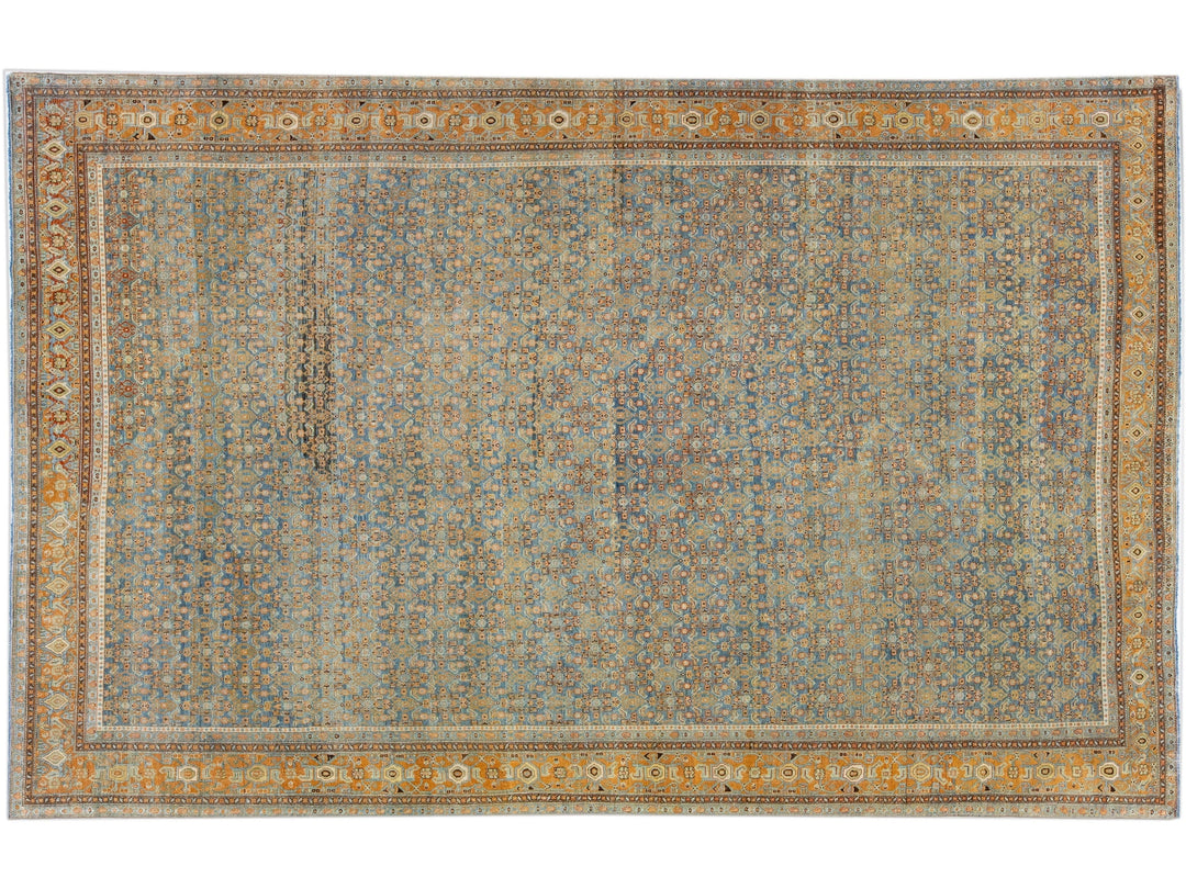 Allover Floral Handmade Antique Persian Malayer Wool Rug in Blue